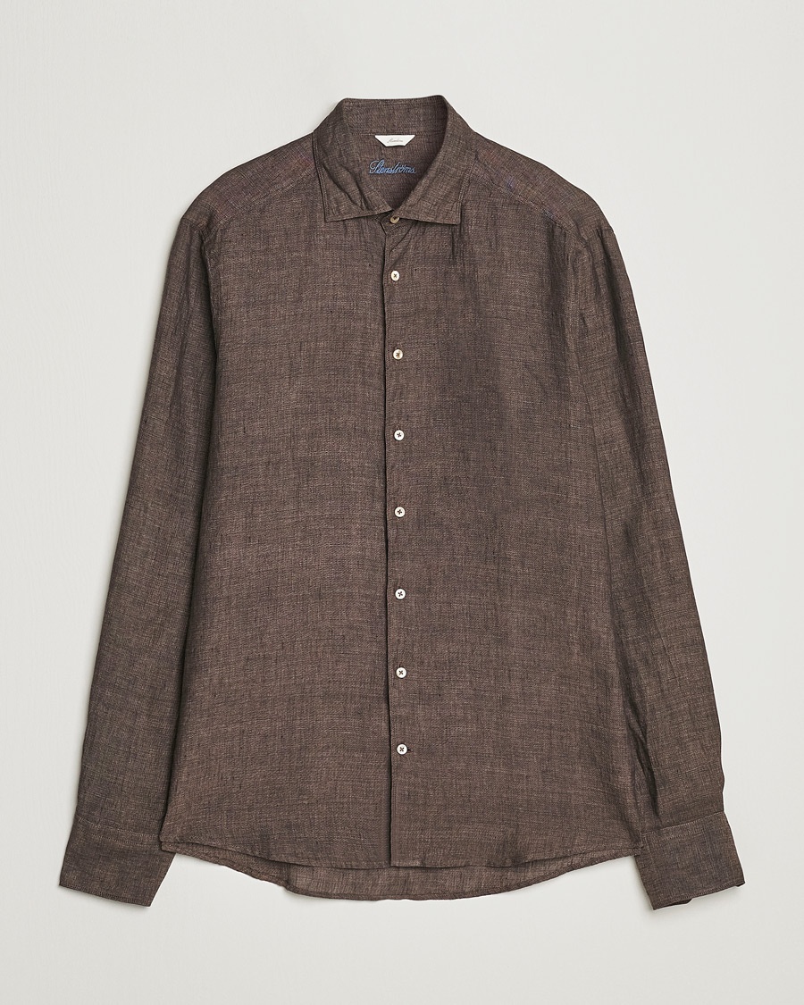 Herre | | Stenströms | Slimline Cut Away Linen Shirt Dark Brown