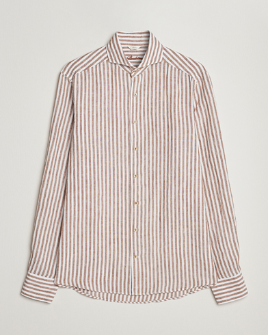 Herre | Business & Beyond | Stenströms | Slimline Cut Away Striped Linen Shirt Brown