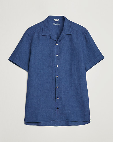 Herre |  | Stenströms | Slimline Short Sleeve Resort Linen Shirt Blue
