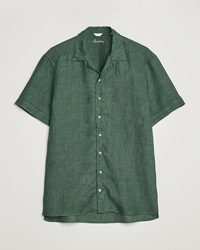 Herre |  | Stenströms | Slimline Short Sleeve Resort Linen Shirt Dark Green