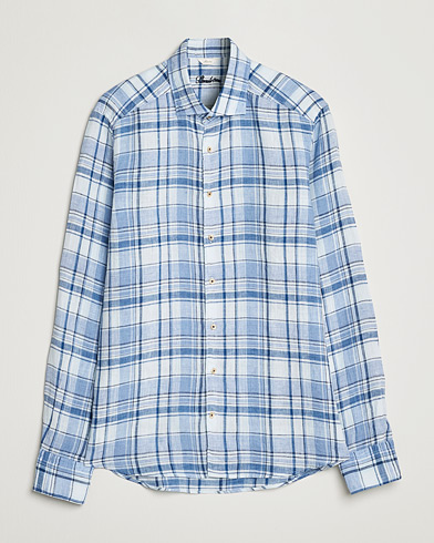 Herre |  | Stenströms | Slimline Cut Away Checked Linen Shirt Blue