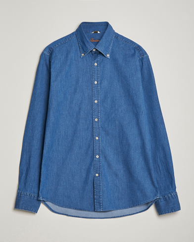 Herre | Casual | Stenströms | Fitted Body Button Down Garment Washed Shirt Mid Blue Denim