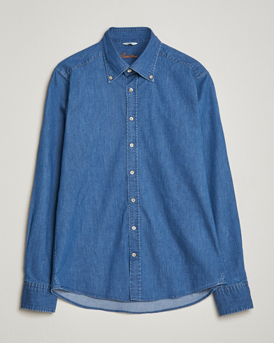 Herre | Casual | Stenströms | Slimline Button Down Garment Washed Shirt Mid Blue Denim