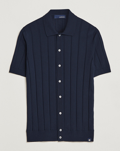 Herre |  | Lardini | Short Sleeve Knitted Cotton Crèpe Shirt Navy