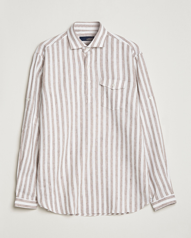 Herre | Linskjorter | Lardini | Relaxed Striped Linen Popover Shirt Brown/White