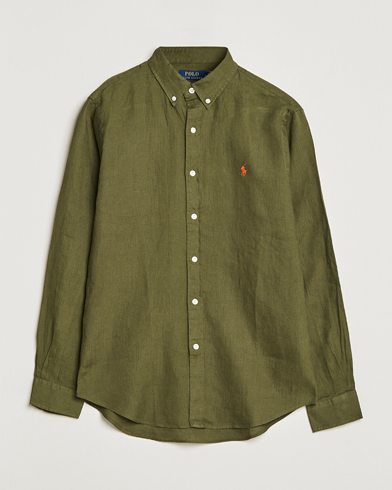 Herre |  | Polo Ralph Lauren | Slim Fit Linen Button Down Shirt Dark Sage