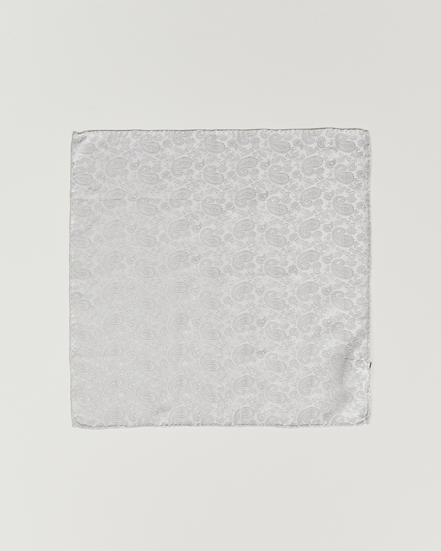 Amanda Christensen Tonal Paisley Silk Pocket Square Silver – Grå