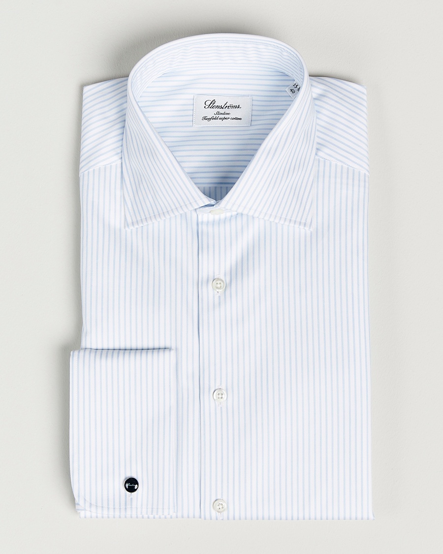 Herre | | Stenströms | Slimline Cotton Double Cuff Shirt White/Blue