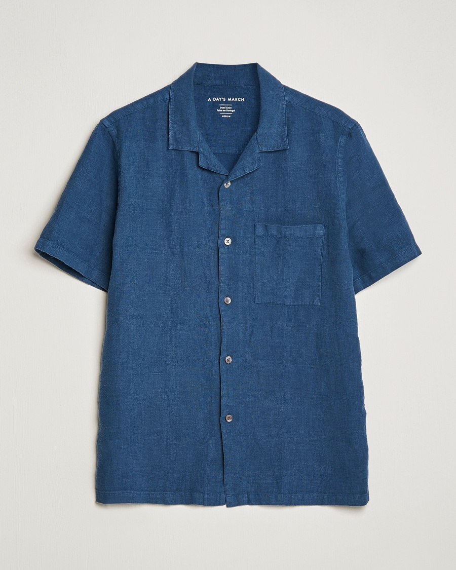 Herre | | A Day's March | Yamu Short Sleeve Linen Shirt Indigo Blue