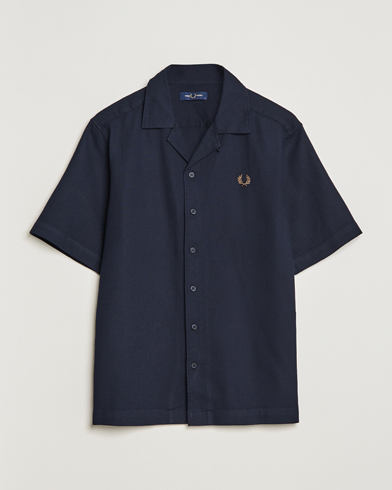 Herre |  | Fred Perry | Woven Pique Short Sleeve Linen Shirt Navy