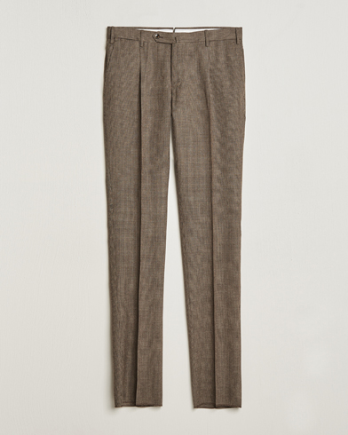 Herre | Quiet Luxury | PT01 | Slim Fit Pleated Houndstooth Trousers Light Brown