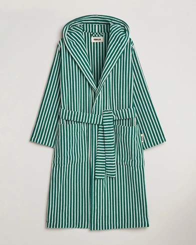 Herre | Loungewear-avdelingen | Tekla | Organic Terry Hooded Bathrobe Teal Green Stripes