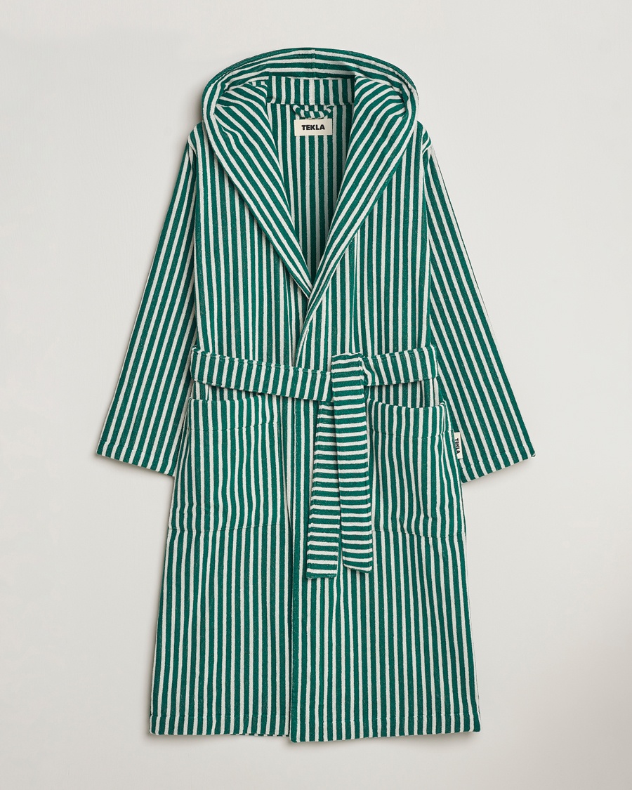 Herre | Morgenkåper | Tekla | Organic Terry Hooded Bathrobe Teal Green Stripes