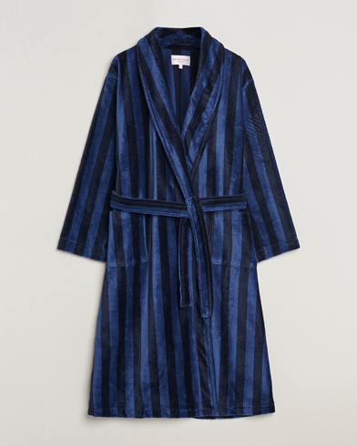 Herre |  | Derek Rose | Cotton Velour Striped Gown Navy/Blue