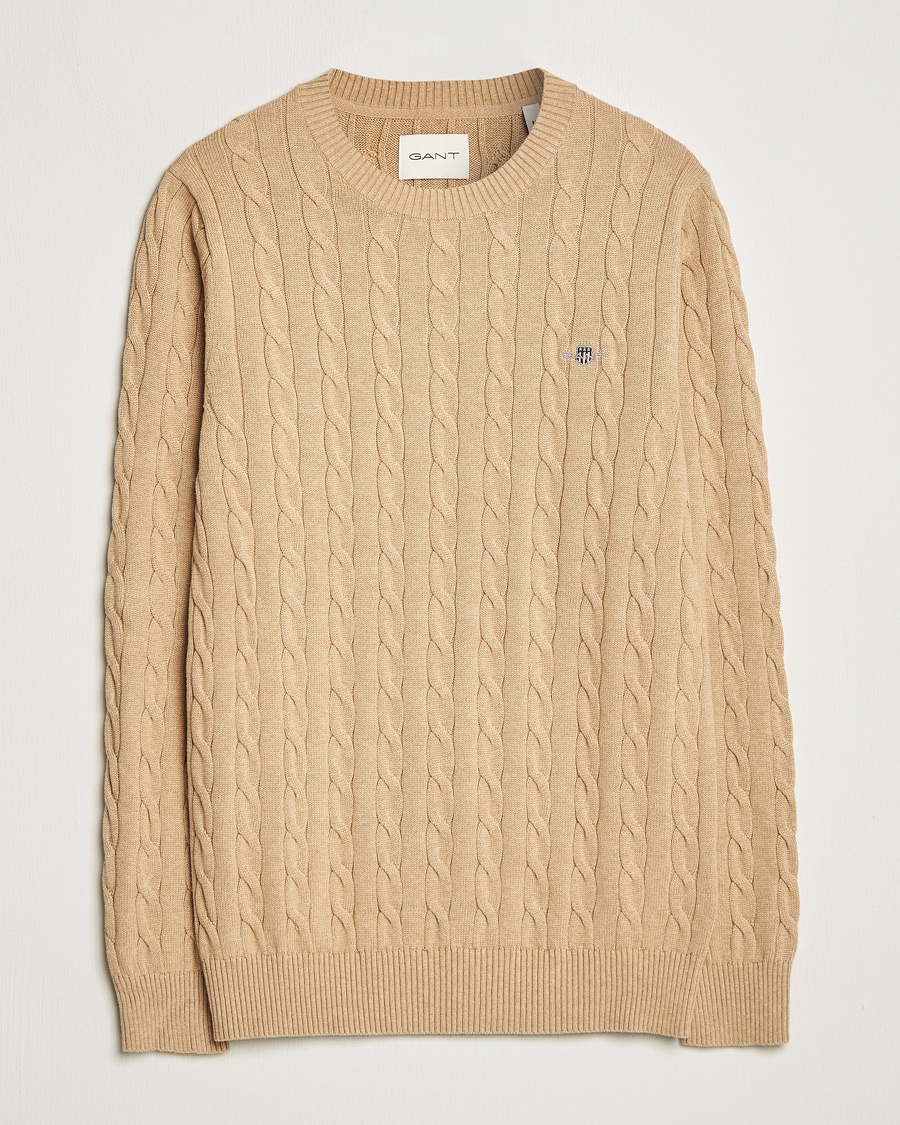Herre | Strikkede gensere | GANT | Cotton Cable Crew Neck Pullover Khaki Melange