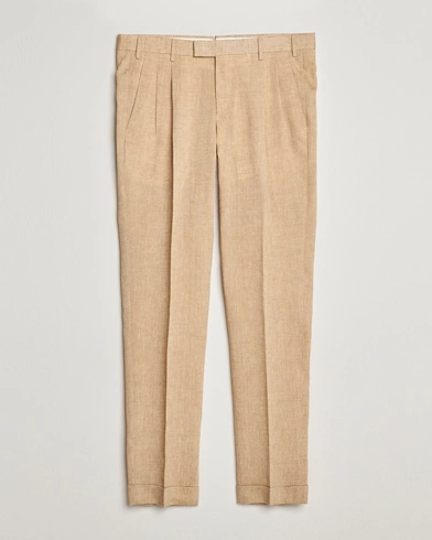 Herre |  | PT01 | Slim Fit Pleated Linen Trousers Light Beige