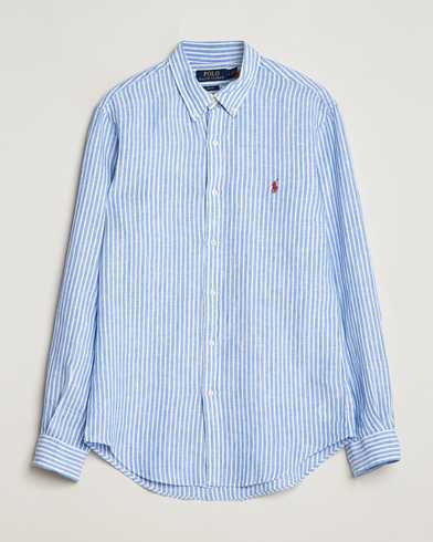 Herre |  | Polo Ralph Lauren | Slim Fit Striped Button Down Linen Shirt Blue/White