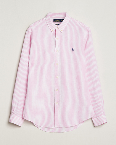  Slim Fit Striped Button Down Linen Shirt Pink/White