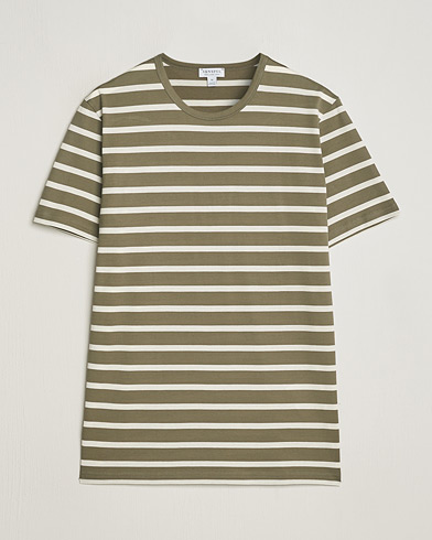 Herre | T-Shirts | Sunspel | Striped Crew Neck Cotton Tee Khaki