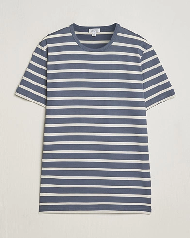 Herre | Kortermede t-shirts | Sunspel | Striped Crew Neck Cotton Tee Slate Blue