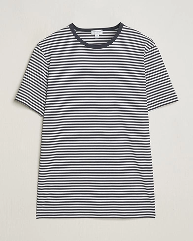 Herre | T-Shirts | Sunspel | Striped Crew Neck Cotton Tee White/Navy