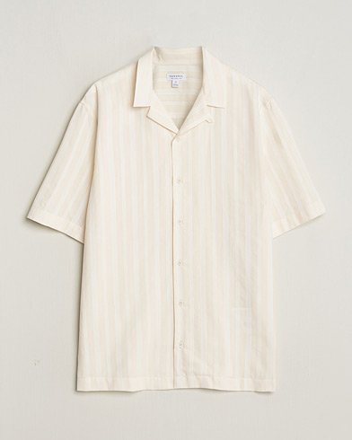 Herre |  | Sunspel | Embroidered Striped Short Sleeve Shirt Ecru