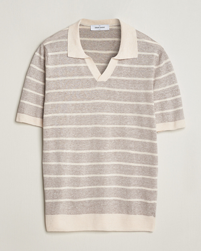 Herre |  | Gran Sasso | Linen/Cotton Knitted Striped Open Collar Polo Beige/Cream