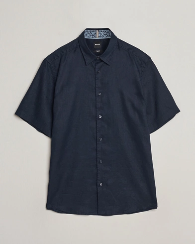 Herre | Skjorter | BOSS BLACK | Liam Short Sleeve Linen Shirt Dark Blue