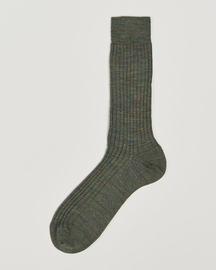 Bresciani Wool/Nylon Ribbed Short Socks Green Melange – Grønn