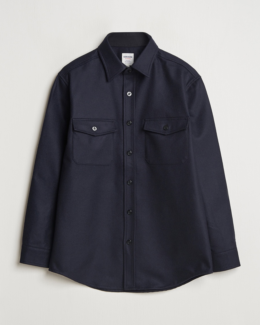 Kamakura Shirts Wool Flannel CPO Shirt Navy – Blå