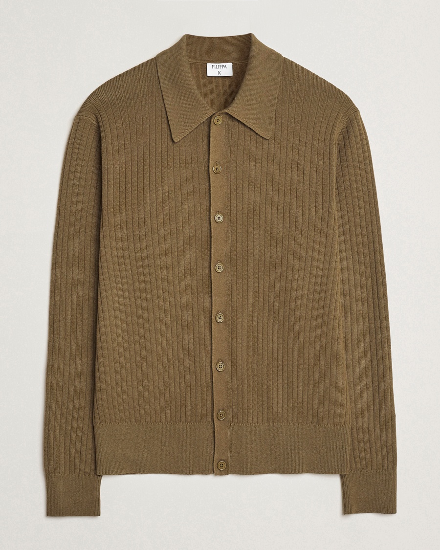 Herre | Cardigans | Filippa K | Cotton Merino Ribbed Knitted Cardigan Olive Green