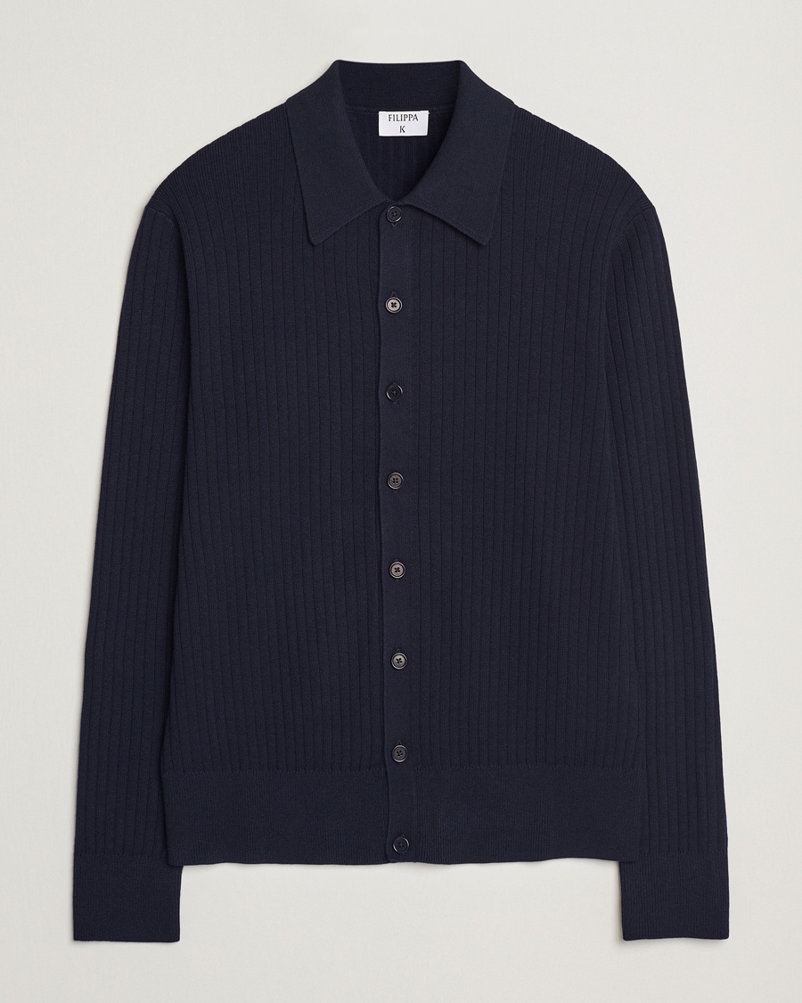 Herre | Cardigans | Filippa K | Cotton Merino Ribbed Knitted Cardigan Navy