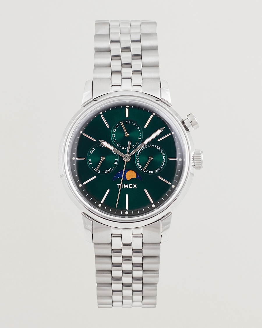 Herre | Lenke i rustfritt stål | Timex | Marlin Moon Phase Quartz Steel 40mm Green Dial