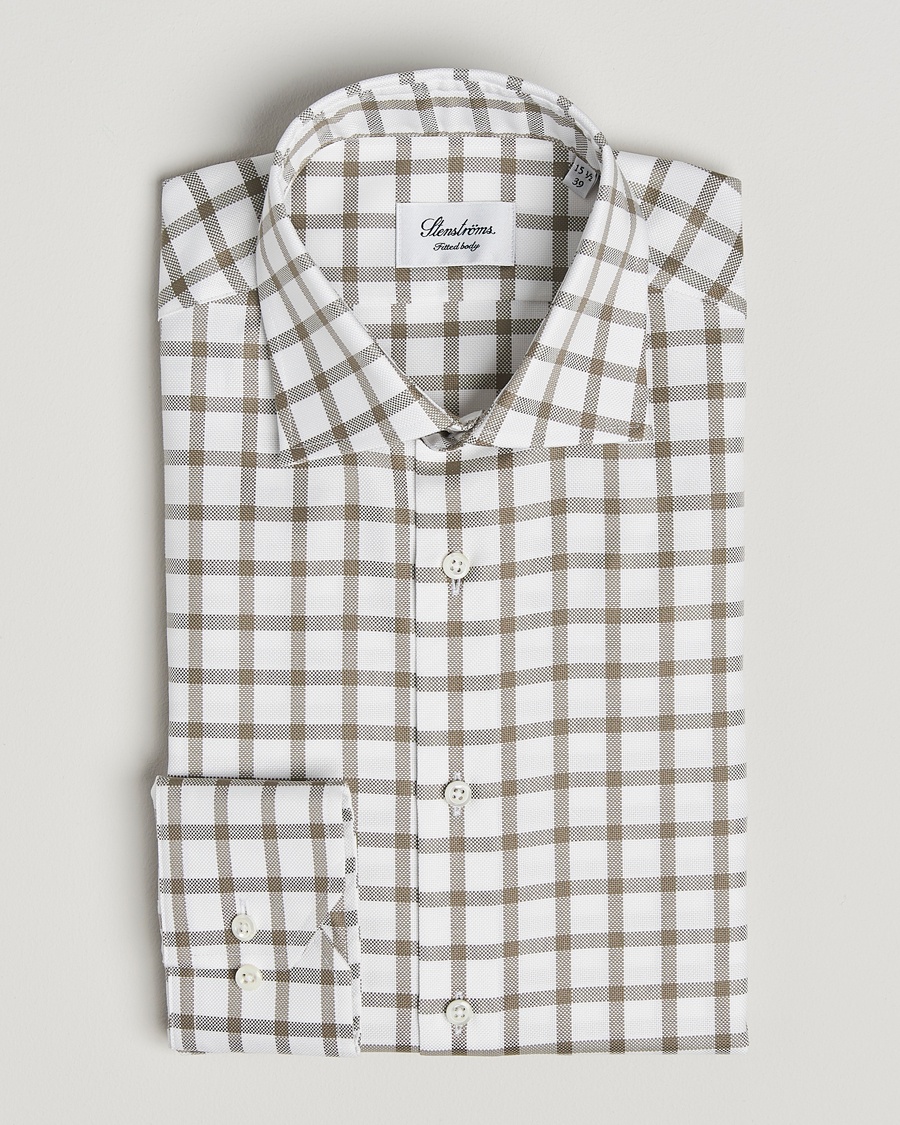 Herre | | Stenströms | Fitted Body Checked Cut Away Shirt Taupe/White