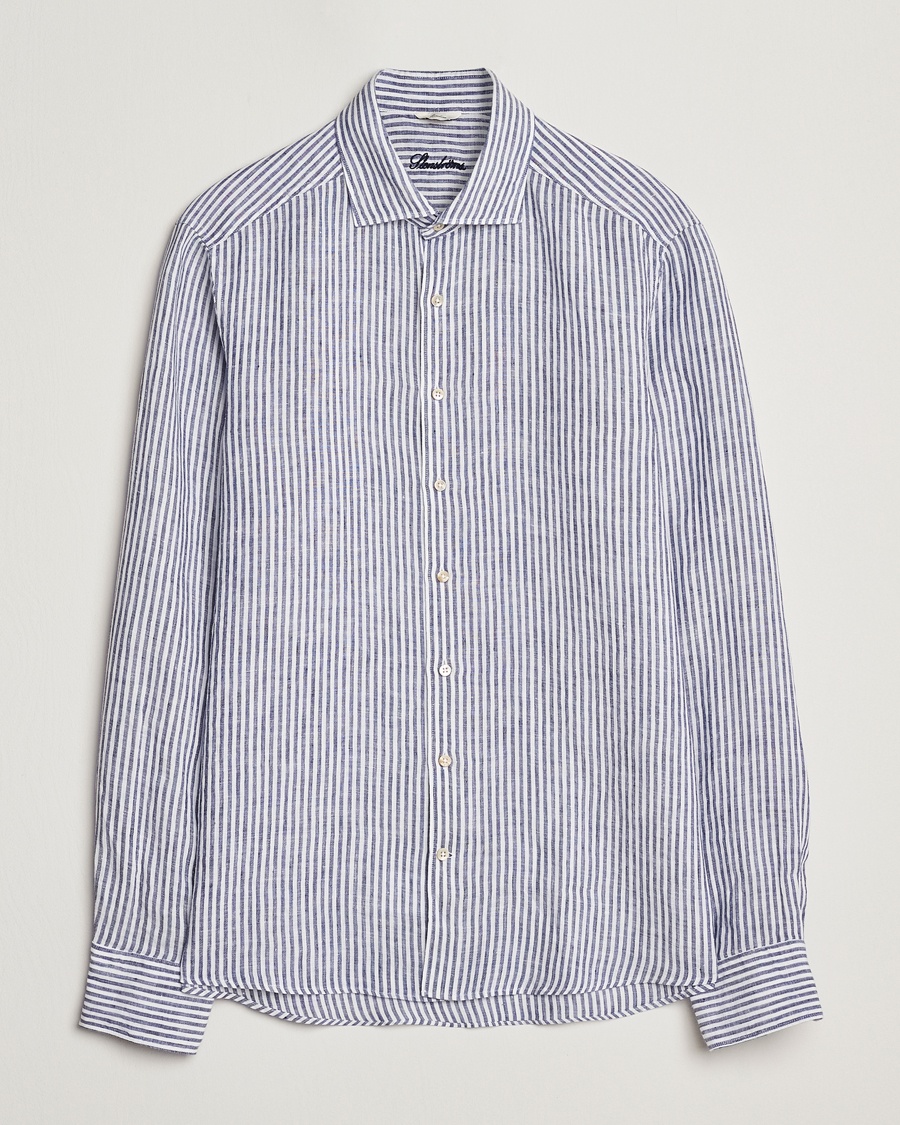 Herre | Skjorter | Stenströms | Slimline Cut Away Striped Linen Shirt Dark Blue