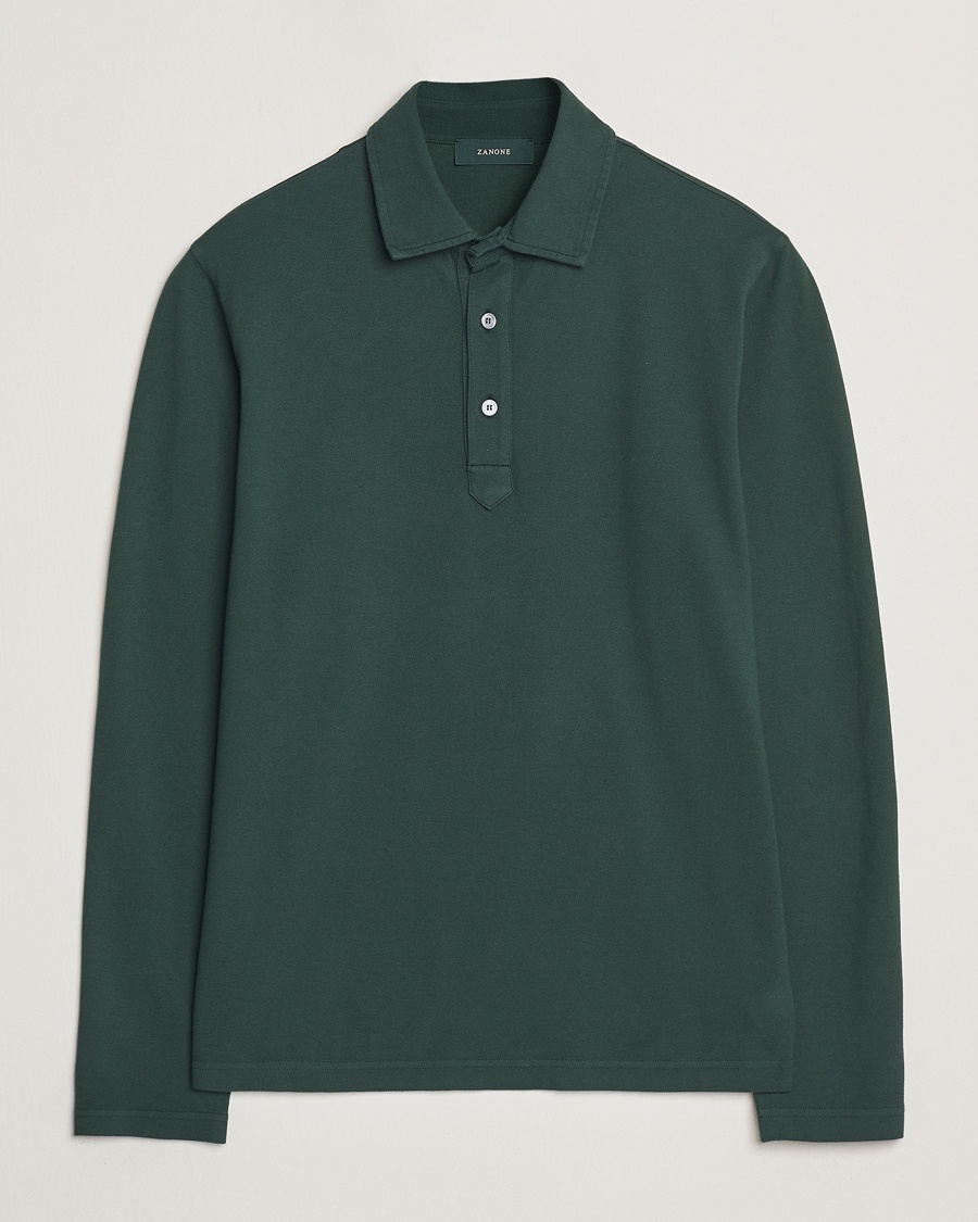 Herre | Klær | Zanone | Soft Cotton Piquet Long Sleeve Polo Dark Green