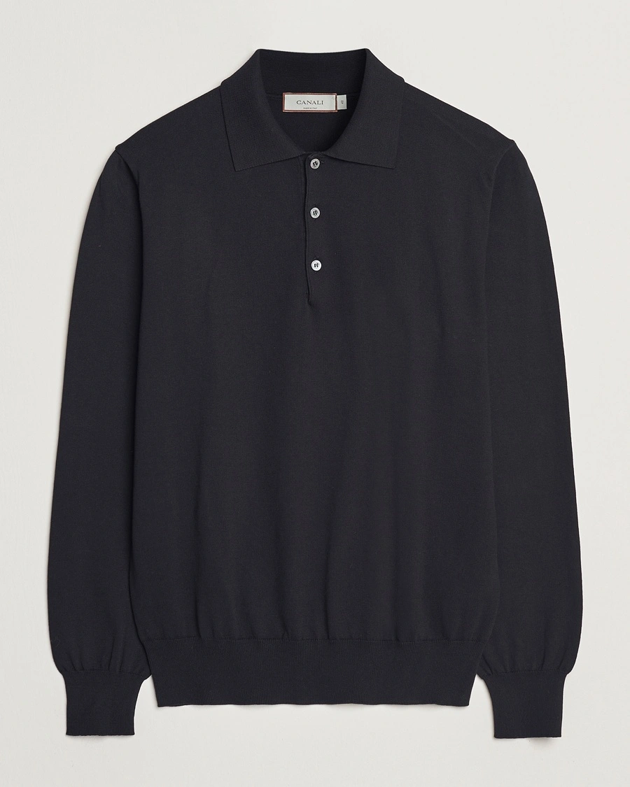 Herre | Strikkede pikéer | Canali | Cotton Long Sleeve Polo Black