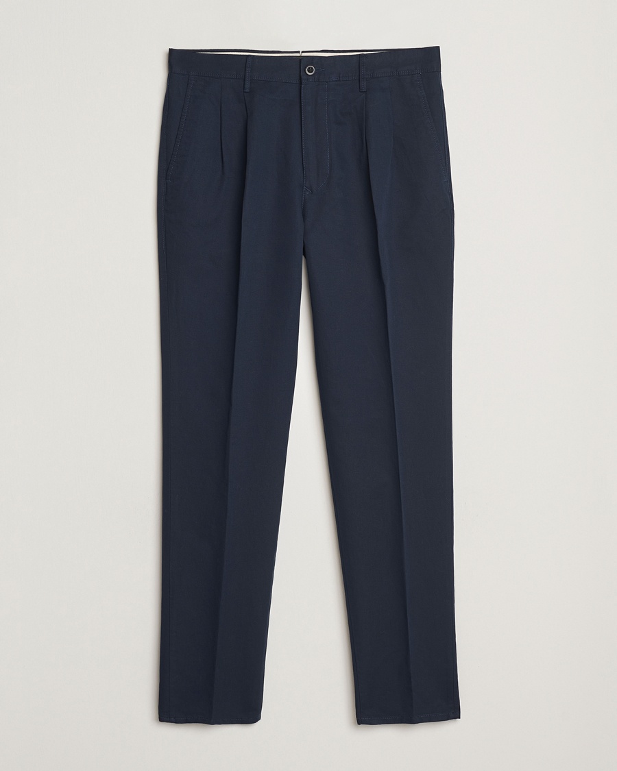 Herre | Incotex | Incotex | Tapered Fit Pleated Linen Slacks Navy