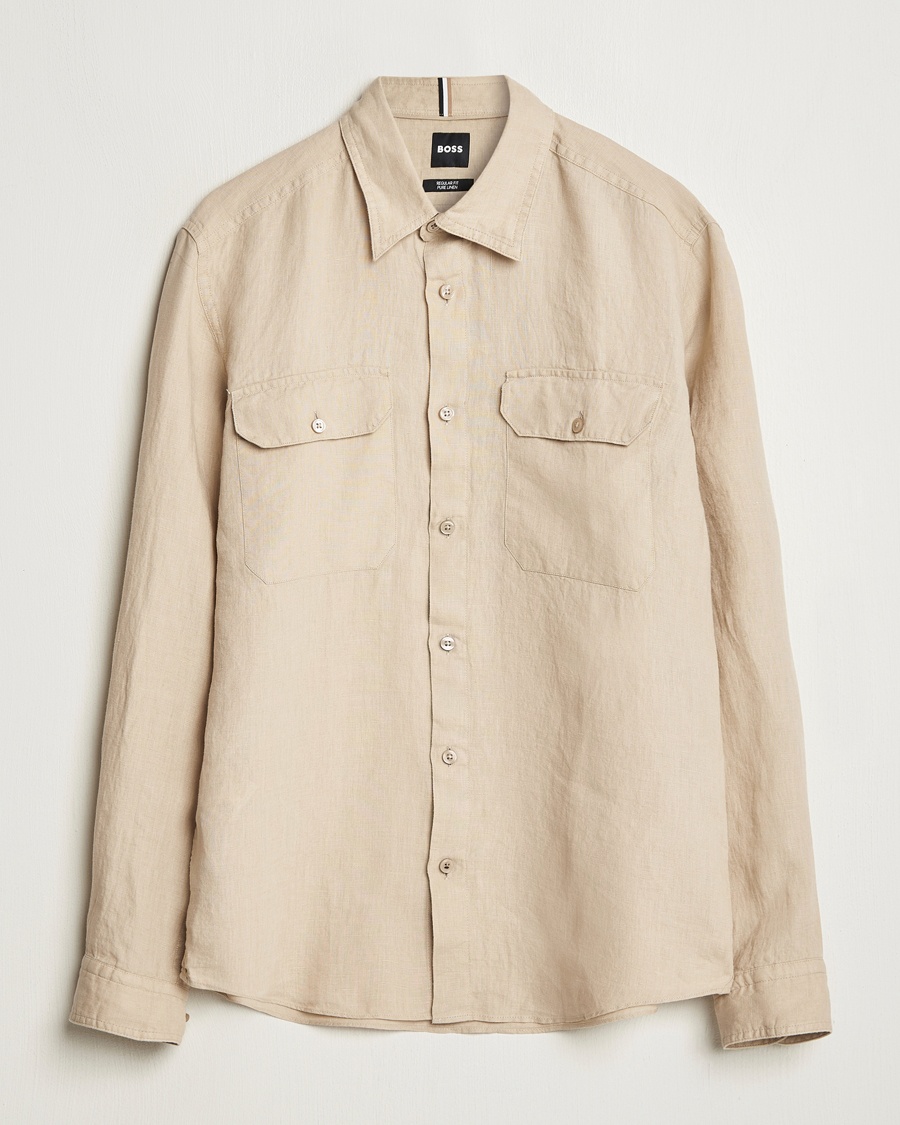 Herre | Overshirts | BOSS BLACK | Liam Linen Pocket Overshirt Light Beige