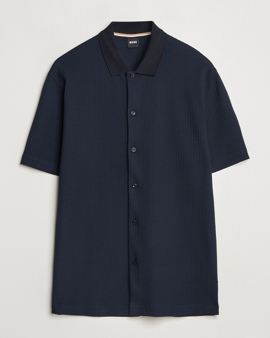 Herre | Kortermede skjorter | BOSS BLACK | Palladio Knitted Short Sleeve Shirt Dark Blue