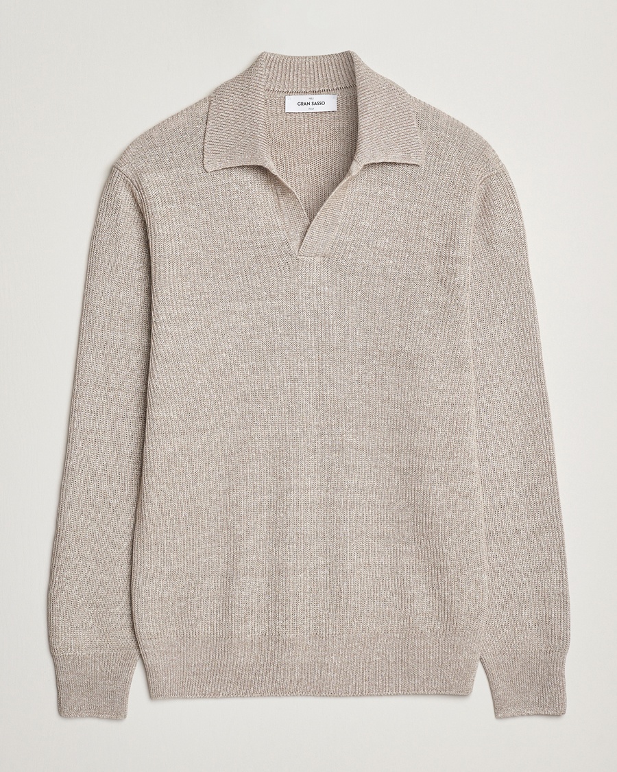 Herre | Strikkede pikéer | Gran Sasso | Linen/Cotton Open Collar Knitted Polo Beige Melange