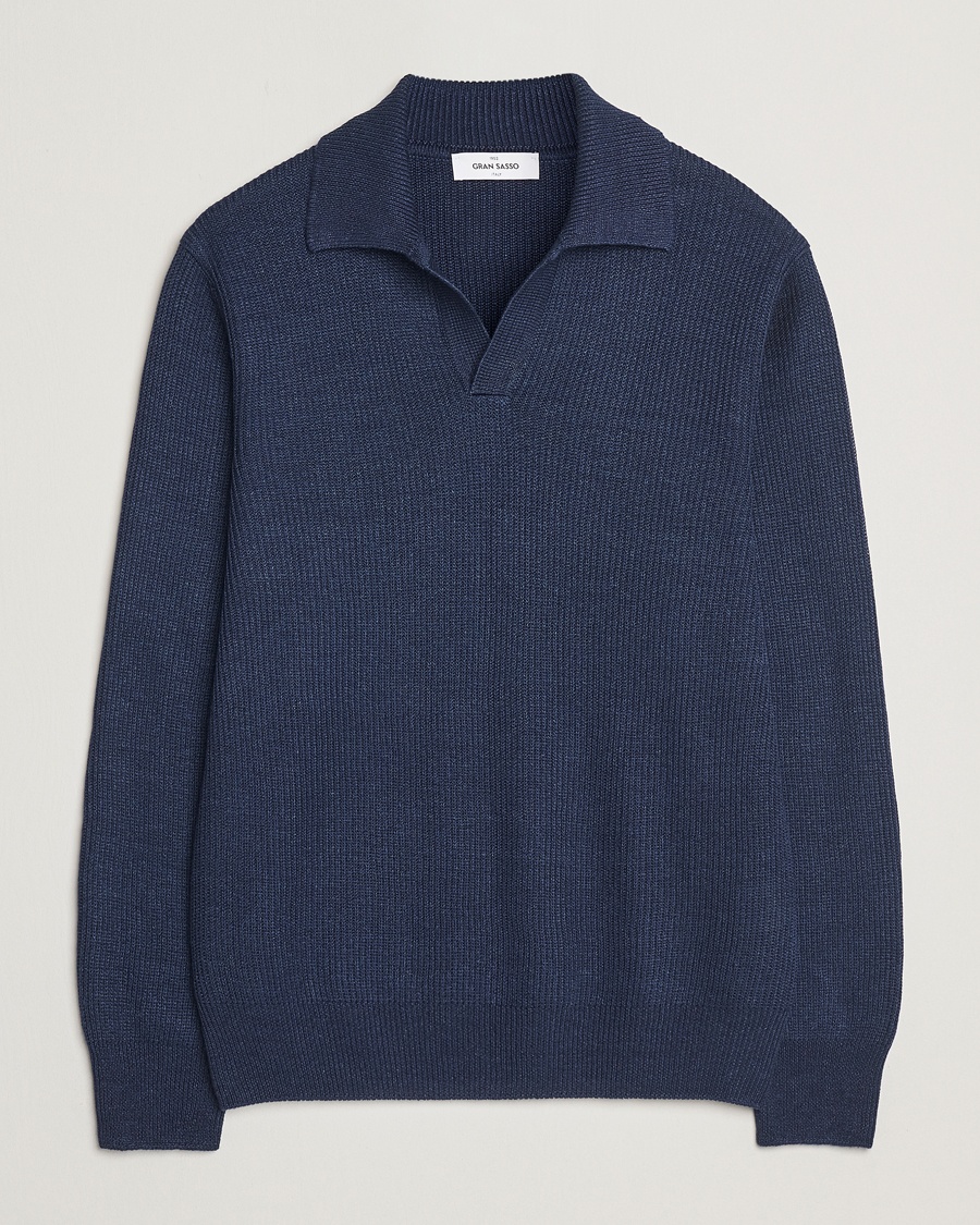 Herre | | Gran Sasso | Linen/Cotton Open Collar Knitted Polo Navy Melange