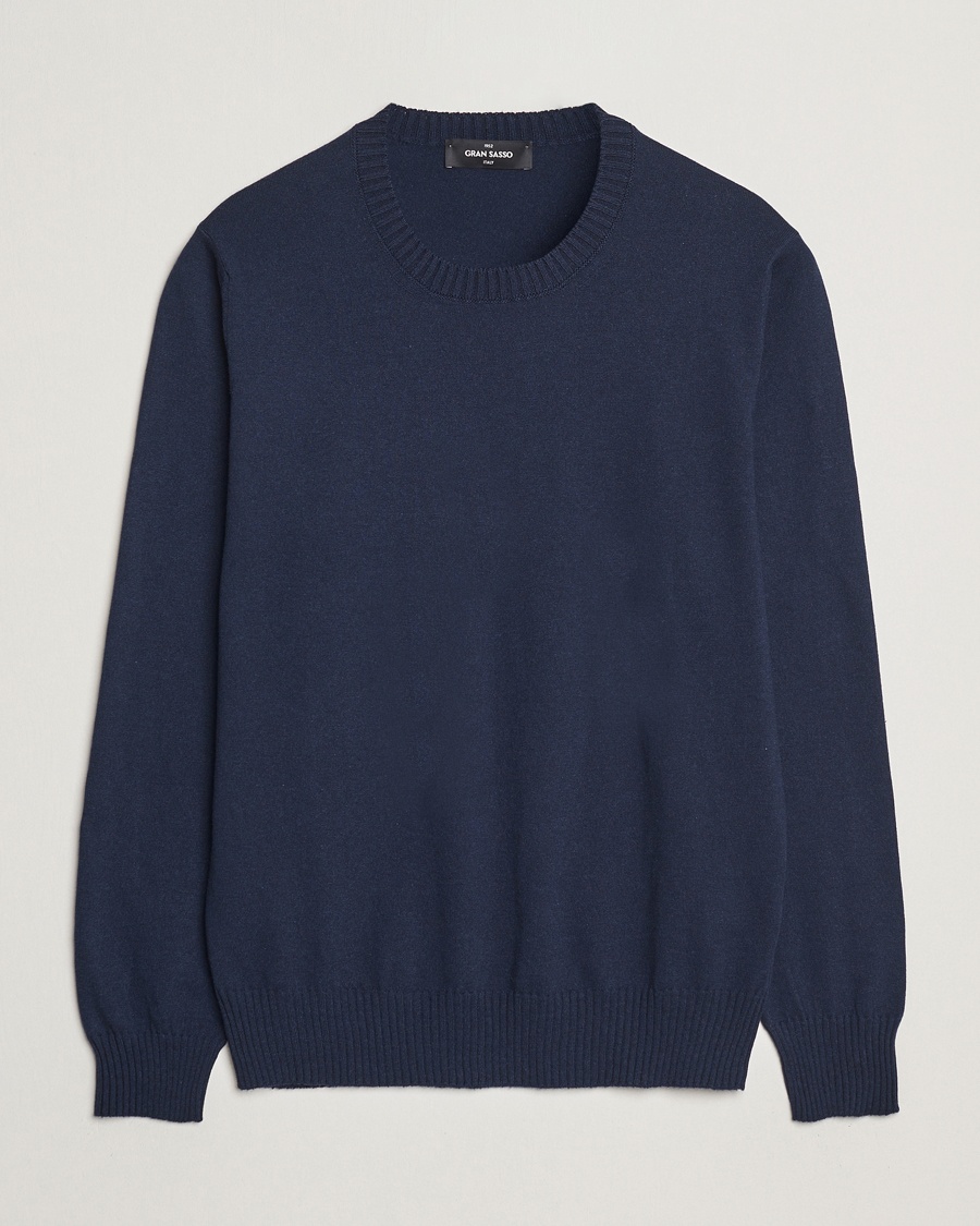 Gran Sasso Cotton/Cashmere Knitted Crew Neck Sweater Navy Melange – Blå