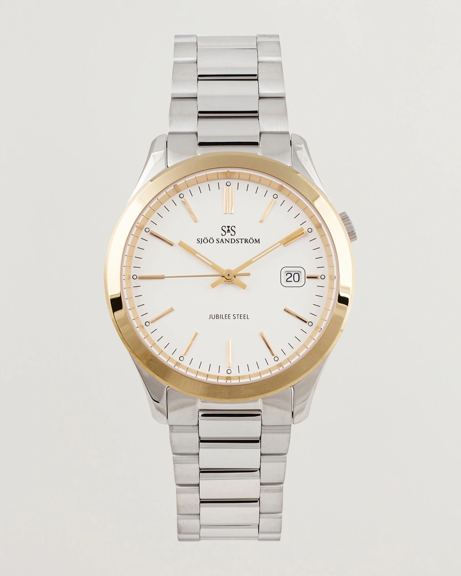 Herre | Lenke i rustfritt stål | Sjöö Sandström | Jubilee Steel Quartz 40mm Gold Bezel White/Steel