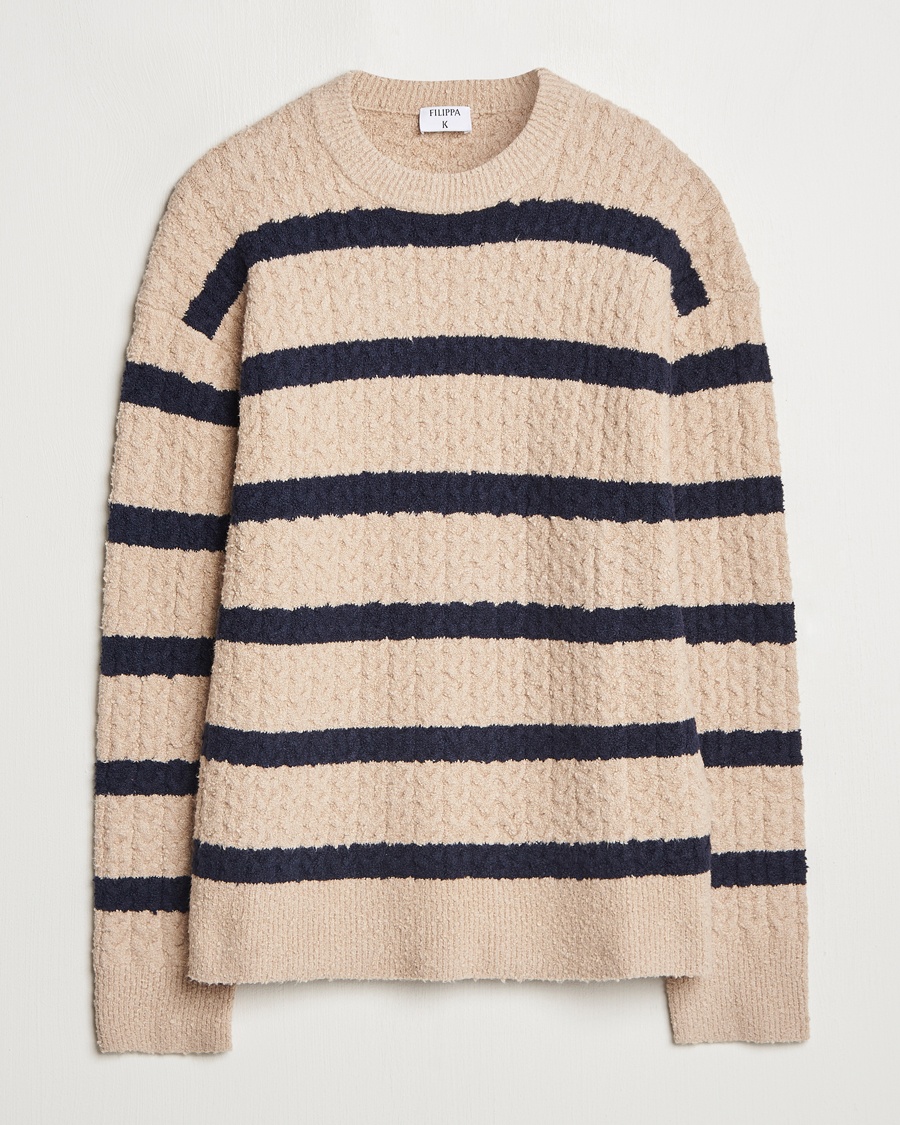 Herre | Strikkede gensere | Filippa K | Bouclé Knitted Striped Sweater Light Khaki/Navy