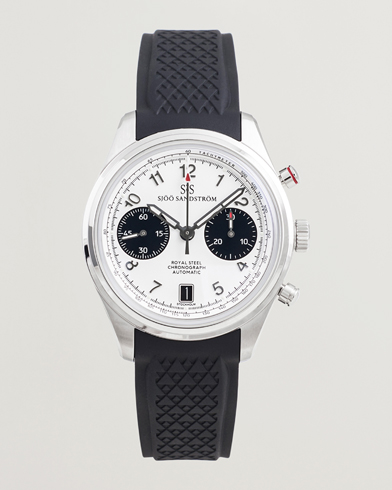 Sjöö Sandström Royal Steel Chronograph 40mm Black Rubber White Dial – Hvit