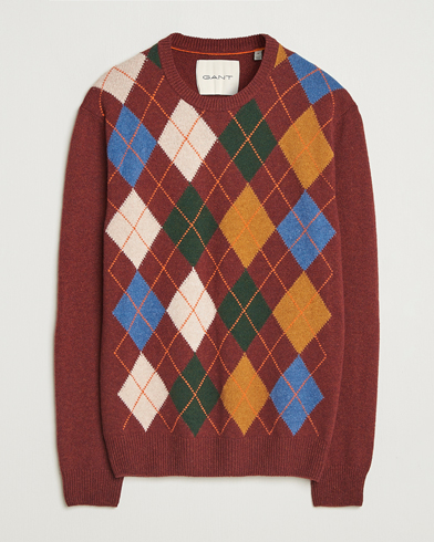Gant Lambswool Argyle Knitted Crew Neck Winter Wine – Rød