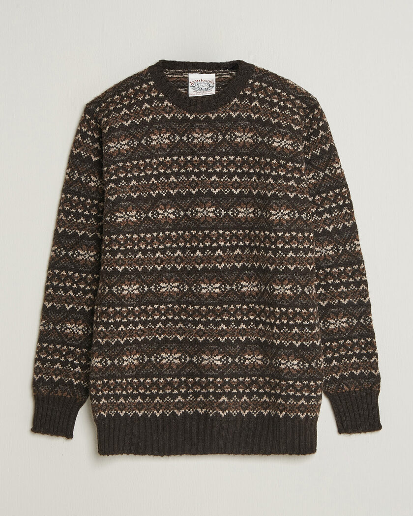 Jamieson's of Shetland Jamiesons Of Shetland All Over Fair Isle Pullover Crew Neck Dark Brown – Brun