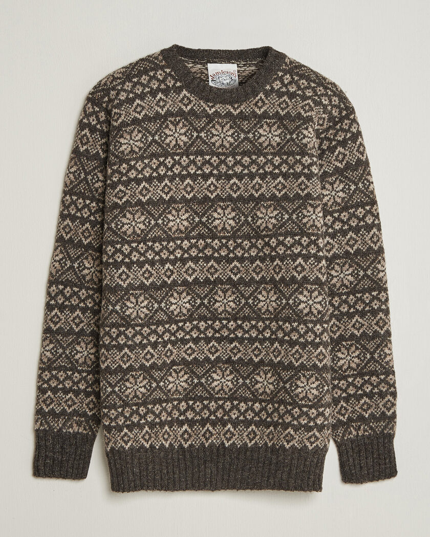 Jamieson's of Shetland Jamiesons Of Shetland All Over Fair Isle Pullover Crew Neck Grey – Grå