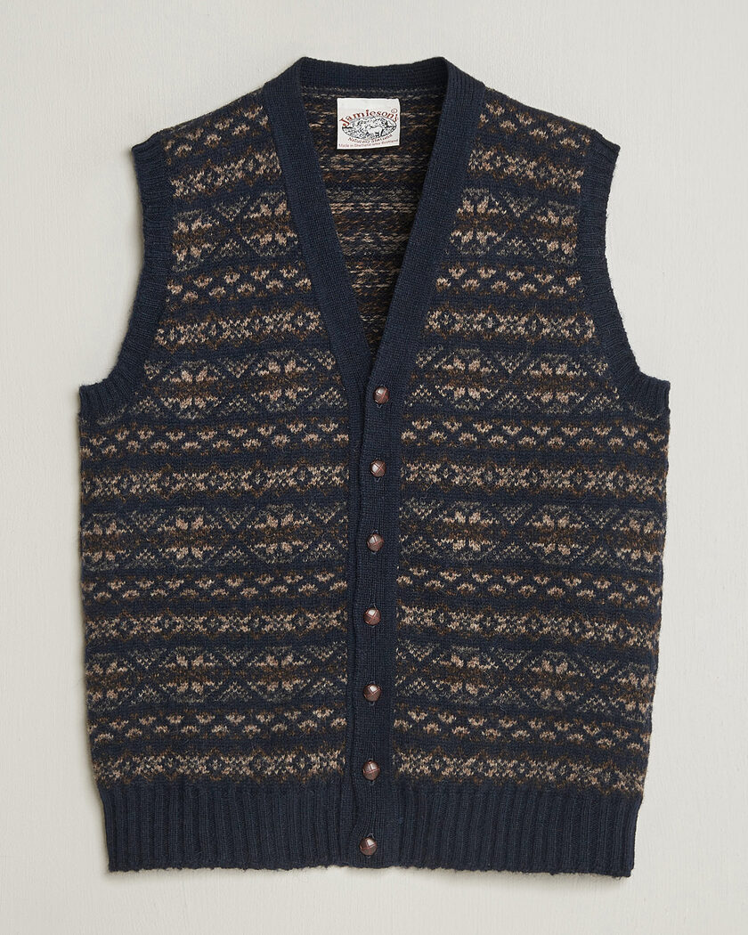 Jamieson's of Shetland Jamiesons Of Shetland All Over Fair Isle Waistcoat Navy – Blå